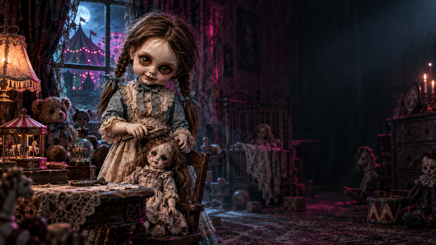 Lottie gently brushing a smaller doll’s hair among antique toys