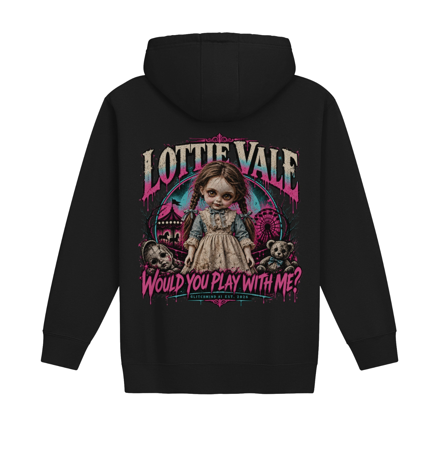 Clean black Lottie Vale hoodie mockup viewed from behind, showing the entire large back print