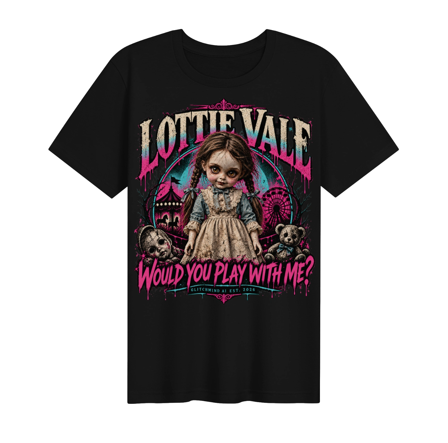 Clean full black Lottie Vale T-shirt mockup displaying the Would You Play With Me? front artwork